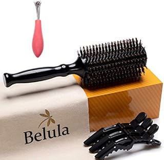 Belula Boar Bristle Round Brush for Blow Drying Set. Round Hair Brush With Medium 2.4" Wooden Barrel. Hairbrush Ideal to Add Volume and Body. Free 3 x Hair Clips & Travel Bag.