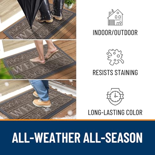 Image of OLANLY Welcome Door Mat Indoor Outdoor Entrance, Heavy Duty Sturdy Front Door Mat, Waterproof All-Weather Doormat, Stain Resistant, Low Profile, Easy Clean Patio Entryway Mat, 36 x 24, Medium Brown
