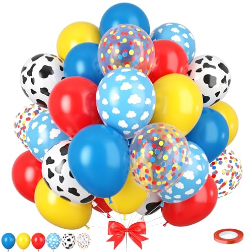 Carnival Party Balloons 50pcs Toy Balloons Red Yellow Blue Balloons Cow Print and Sky Blue Cloud Balloons for Carnival Circus Theme Birthday Party Baby Shower Wedding Decorations