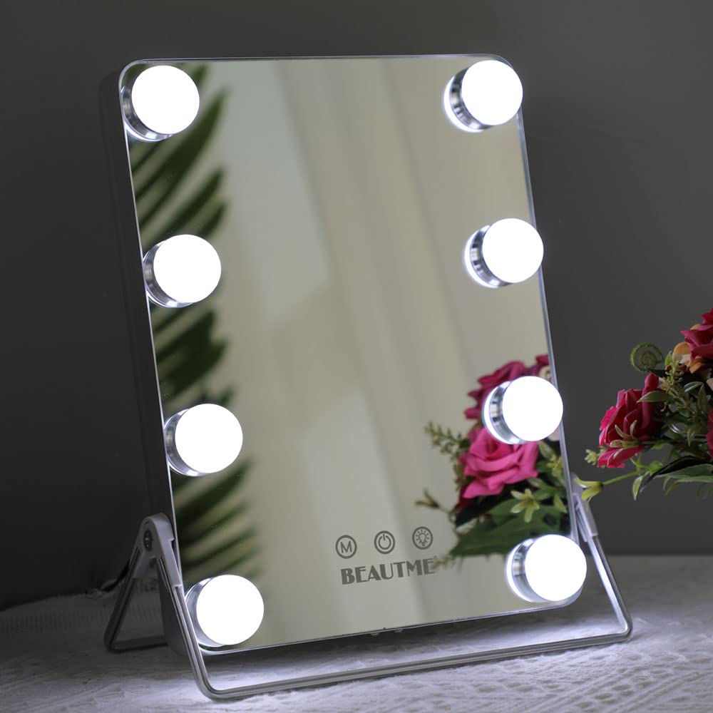 BEAUTME Tabletop Mirror with Lights,Hollywood Makeup Mirror with 8 Dimmer Led Lights.Portable Travel Mirror and Smart Touch 3 Color Vanity Beauty Mirror(9.111.9inches) (Silver, 9.6X13inch)