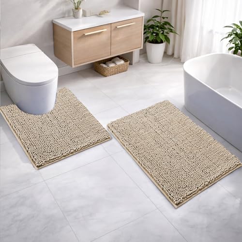Image of LUXEHOME International Microfibre Chenille Contour Bath Mat Set for Bathroom, Anti Slip Super Absorbent Quick Dry Washable Bathroom Mats, Solid (Beige 40x60cm & 47x47cm) Pack of 2