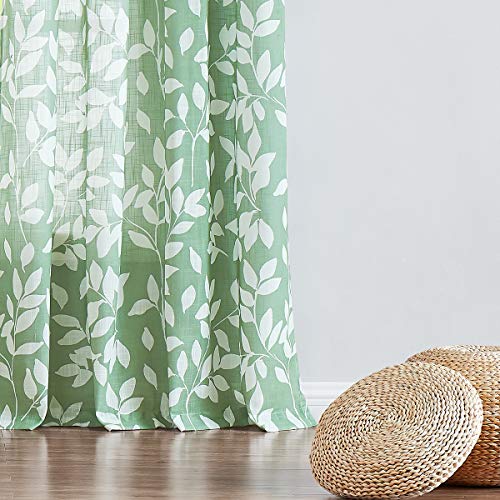 Image of Treatmentex Leaf Print Semi-Sheer Curtains for Living Room Windows 95 inch Long White and Green Window Curtains for Bedroom Grommet Top Curtain Panels, 1 Pair