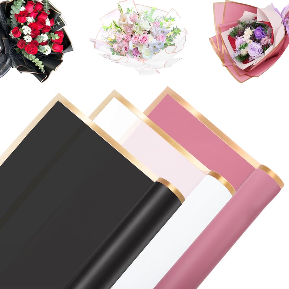 60 Sheet Flower Wrapping Paper Waterproof Floral Wrapping Paper Florist Supplies, Gold Edge Floral Wrap Paper for Graduation Father's Day Wedding Birthday Gift DIY Flower Craft(Silver Red,Black,White)