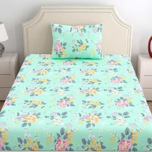 Image of Home Ecstasy 100% Cotton Single Bedsheet with 1 Pillow Cover - (Size 59 x 87 inches, 140 TC, Colour - Seagreen: Sea Foam)