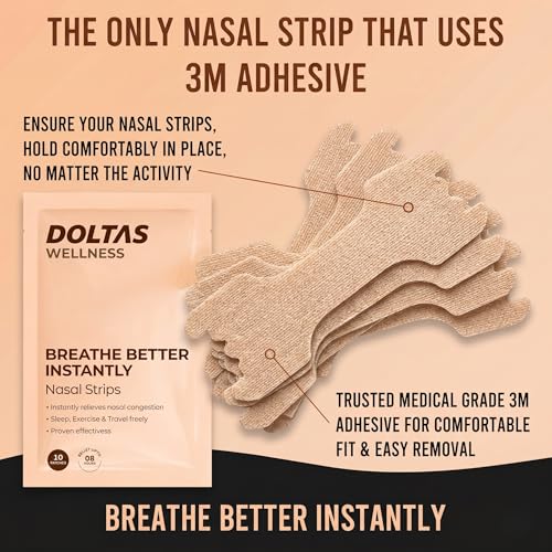Image of DOLTAS Nasal Strips for Better Breathing & Snoring Relief | Instantly Relieves Nasal Congestion | Improve Oxygen Intake | Strong Hold, Sweat-Resistant & Skin Safe | Enhances Sleep & Athletic Performance | 10 Patches (Beige)