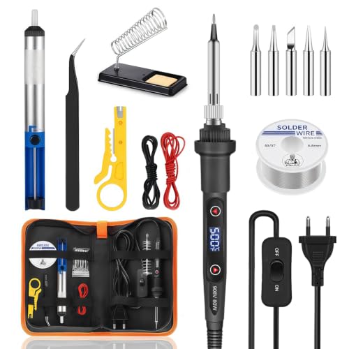 15 en 1 Kit de Soldadura 80W con Pantalla LCD, Temperatura Ajustable 180‑500°C y 5 Puntas Intercambiables, Bomba Desoldadora, Interruptor ON/OFF, Mango Antideslizante, para Reparación y Proyectos DIY