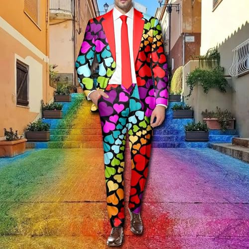 YOSUWOAI Anzug 2 Teiler Herren Slim Fit Anzugjacke Anzughosen Zweiteiler Set Lustig Regenbogen Anzug Blazer Set Festliches Outfit Disco Nachtclub Kostüm Rainbow Herrenanzug – Bild 4