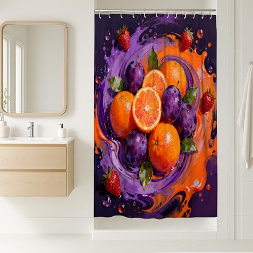 Orange Stall Duschvorhang, Sommer, lebendige Erdbeere, Pflaume, Sommer, Violett, Polyester, wasserdicht, Badewannentuch, Gardinen, Dekoration für Badezimmer, Gästezimmer, 91,4 x 183,9 cm
