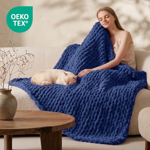 Image of L'AGRATY Chunky Knit Throw Blanket for Couch, 50 x 70 Inches, Dark Blue