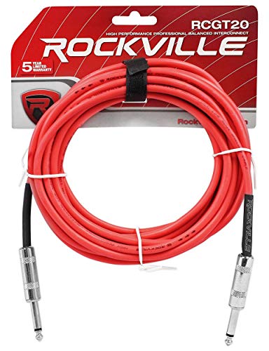 Rockville RCGT20R Instrument Cable, 20 Ft, Red, 1/4'' TS to 1/4'' TS, 100% Copper, Shielded, Perfect for Guitar, Live Performances, and Studio Use
