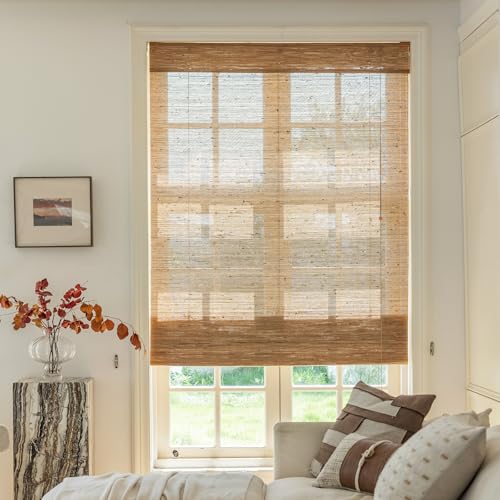 CHEFRU Woven Jute Roman Shades Cordless, Linen Cordless Blinds & Shades for Windows, Brown