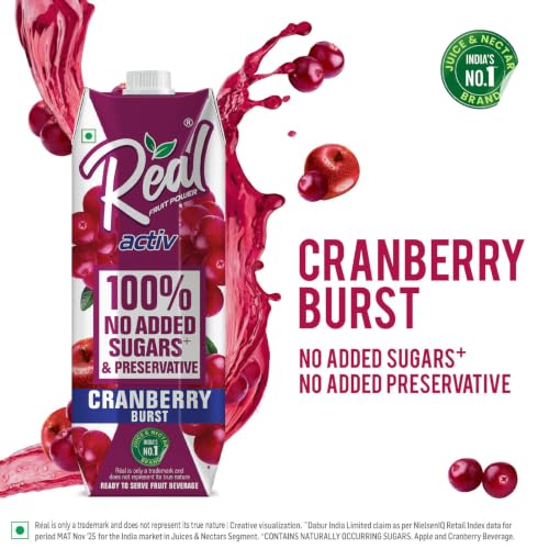 Image of Real Activ Cranberry Juice 1L | No Added Sugar, Colors or Preservatives | Rich in Antioxidants & Vitamin C | Refreshing Tangy Fruit Drink | Healthy Beverage for Daily Hydration