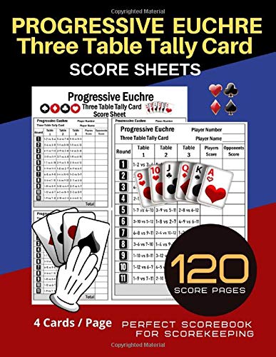 PROGRESSIVE EUCHRE Three Table Tally Card Score Sheets: 120 Personal Score Sheets for Scorekeeping | Record Keeper Book | Score Keeping Book | 4 Cards per Each Page | Size:8.5" x 11" - 120 Pages