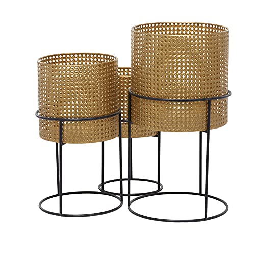 Deco 79 Metal Rattan Weave Inspired Planter With Removeable Ring Stands, Set Of 3 23", 19", 16"H, Gold #TOP6