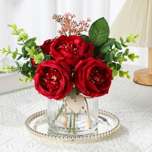 Red Austin Roses in Vase with Faux Water, Flower...