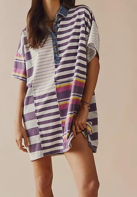 Image of NUFIWI Y2K Striped Shirt Mini Dress for Women Oversized Stripe Tunic Tshirt Dresses Short Sleeve Buttons Loose Fit Tee Dress