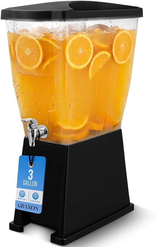 Large Drink Dispenser for Parties (3 Gallon) Slim Plastic Beverage Dispenser with Base for Counter Tops, No Mess, Easy to Assemble & Wash (1 Pack)