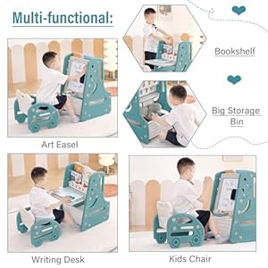 Tiita Kids Table and Chair Set 3 in 1 Convertible Art Easel Display Bookshelf wMagnetic Painting Board Bottom Storage Shelf Children Activity Table Set for Drawing Reading Blue