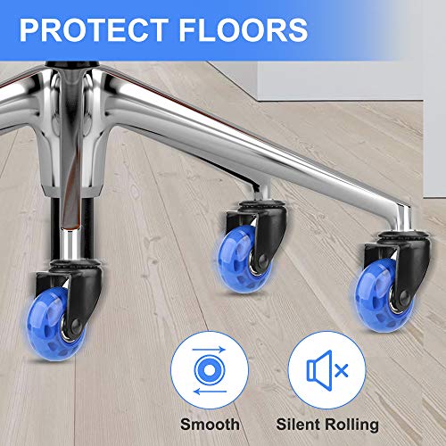 8T8 Replacement Office Chair Caster Wheels 3", Heavy Duty, Set Of 5, Soft Pu Rubber Casters, Safe For Hardwood Carpet Floors (Blue Transparent) #TOP3