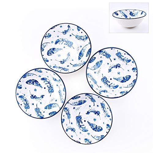 YALONG 40 Ounce Large Porcelain Pho Bowls Set 4 Pack Serving Soup Salad, Pasta, Cereal Stackable Deep Bowl Feather Pattern, Ramen Bowls for Noodle for Kitchen, 8 Inches - Thumbnail 5