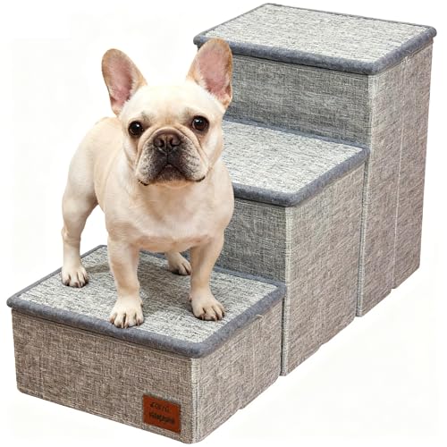Dog Stairs with Storage, 3-Step Pet Stairs for Small & Medium Dogs and Cats, Dog Steps for Bed, Detachable & Reconfigurable Design, Anti-Slip Steps, Sturdy 132lbs Support, Ideal for Bed, Sofa & Window