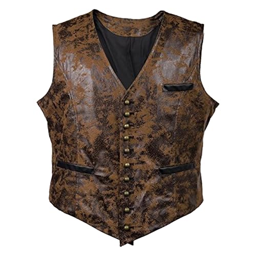 Men's Button Faux Leather Vest Gothic Steampunk PU Waistcoat Vintage Cowboy Vests Suede Single-Breasted Coat