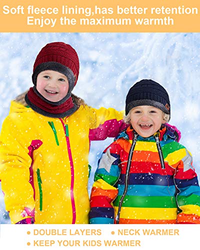 4 Sets Kids Winter Knitted Hats And Scarf Set Warm Knit Beanie Hat Fleece Lining Circle Scarf For 5-14 Years Boys Girls (Blue, Black, Red, Gray) #TOP4