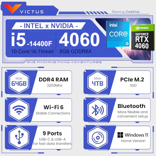 Image of HP Victus 15L VR-Ready RTX 4060 Tower Gaming Desktop, Intel i5-14400F (Beats Intel i7-13650HX), RTX 4060, 64GB RAM, 4TB SSD, Wi-Fi 6, Win11 Home, Bundle with Machenike Mechanical K500B Gaming Keyboard