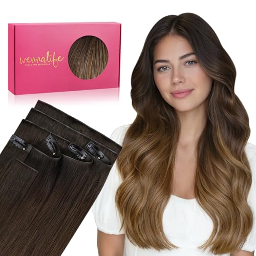 Image of WENNALIFE Invisible Edge Seamless Clip in Hair Extensions Real Human Hair | 22'' 150g 7pcs Balayage Chocolate Brown to Caramel Blonde. Thin PU Weft, Easy, Comfortable Clip in Remy Hair Extensions