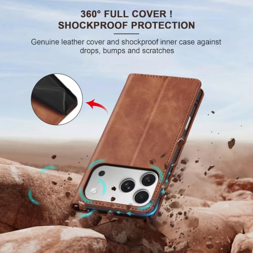Image of Jasonyu Flip Wallet Case for iPhone 17 Pro,Leather Magnetic Folio Cover with Card Holder,Kickstand - TPU Shockproof Durable Protective Phone Case,Brown