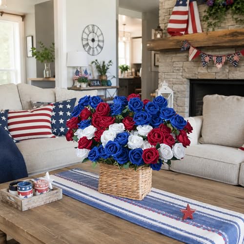 Image of 50 PCS Blue Roses Artificial Flowers, Real Looking Fake Roses with Long Stems Silk Flowers for DIY Wedding Bouquet Party Celebration Home Bridal Shower Decoration Valentine's Day Gift for Her Wife