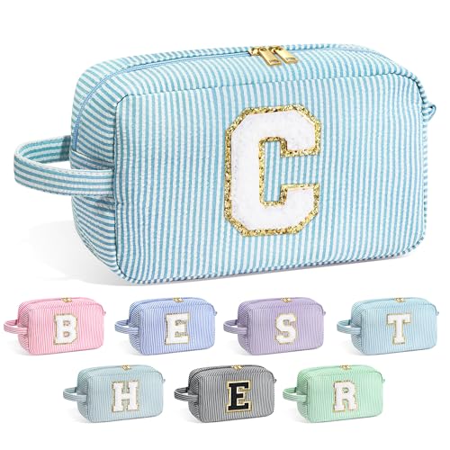 Image of YOOLIFE Birthday Gifts for 6 7 8 9 10 11 12 13 14 15 Year Old Teen Girl - Initial Makeup Bag Letter Toiletry Pouch Cosmetic Case, Personalized Teen Girl Gifts Trendy Stuff, Light Blue C