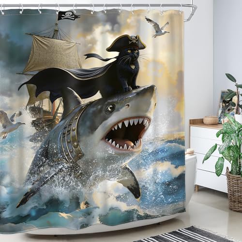 Image of Funny Black Cat Shower Curtain Riding Shark 60Wx72H Inch Decor