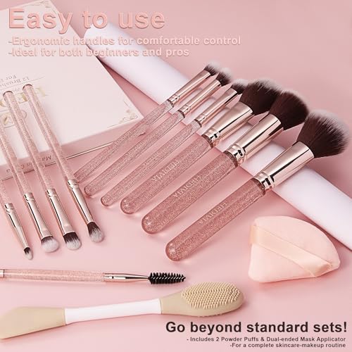 Image of Pink Makeup Brushes Set 14 Pcs Professional, Synthetic Foundation Concealer Powder Blush Eyeshadow Brushes with 2 Powder Puffs & Dual-ended Mask Applicator, Gifts for Women Teen Girls