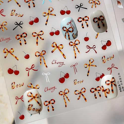 Image of Bow Nail Stickers Cherry Nail Decals for Nails Art with Leopard Print Design Bowknot Nail Art Stickers 5D Embossed Self Adhesive Nails Art Decals for Women Girls Manicure DIY Decoration Accessories