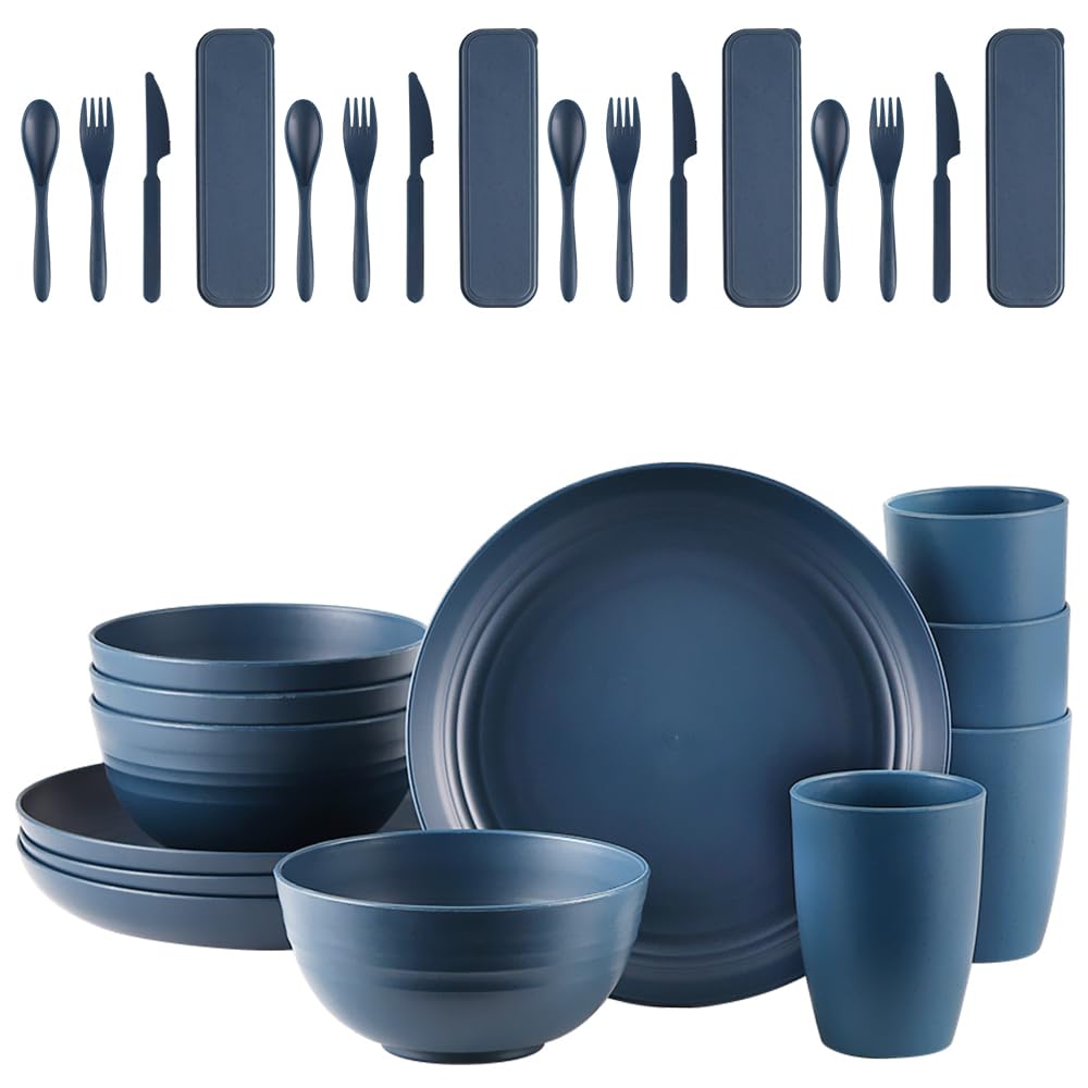 AdvntrPro 28pcs Unbreakable Dinnerware Sets for 4 People, Camping/Picnic Dinner Sets, Lightweight Colorful BBQ Plastic Serving Plates, Bowls, Cups,Cutlery Set, Forks,Tableware