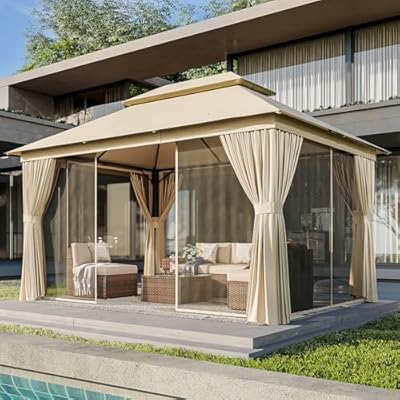 AOXUN Outdoor Gazebo for Patio 10x13, Metal Frame Canopy with Double Roofs, Heavy Duty Party Tent and Shelter with Mosquito Netting and Privacy Screen for Backyard, Lawn, Garden, Deck (Beige)