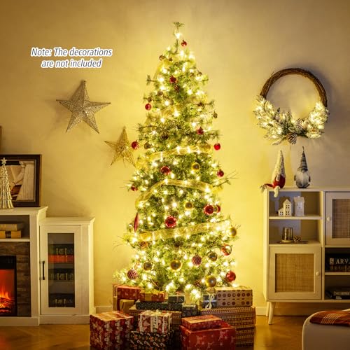Image of Goplus 7 FT Pre-Lit Artificial Christmas Tree, Cashmere Xmas Tree with 502 Pine Needles, 300 Warm White LED Lights with Bulb Cover, Natural Pine Cones, Foldable Metal Stand, Home Office Decoration