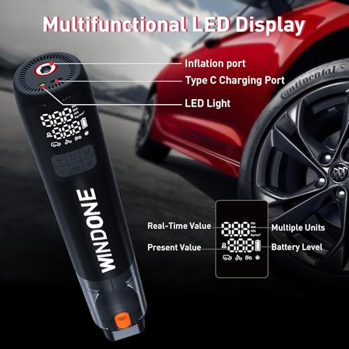 Windone Car Vacuum, 12000Pa 2-in-1 Cleaner & Tire Inflator 150PSI, 60W Brushless Motor, Cordless Handheld Vacuum & Air Pump with Pressure Gauge, LED Light, Multi-Nozzles for Car, Home, Office by Windone - Image 8