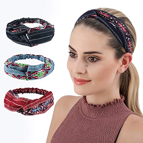 3 Pieces of Headbands Cross Headband Bohemian Elastic Hairband Retro Fashionable Headscarf Fabric HeadbandsSuitable for Various Parties Dating and Other Occasions (Set 1)