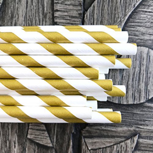 Pitillos de papel rayados dorado y blanco, paquete x50 miniatura 5