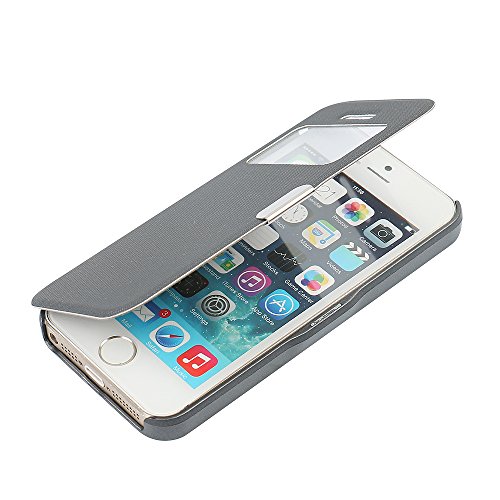MTRONX Funda iPhone 5s, Funda iPhone 5, Funda iPhone SE, Ventana Vista Cierre Magnetico Folio Flip Twill Tela Asargada PU Cuero Delgado Piel Carcasa para Apple iPhone SE / 5s / 5 - Gris(MG1-GY)