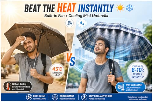 Image of Fan & Mist Umbrella Portable Cooling System | For Summer with Built-in Fan and Spray | UV Protection Umbrella for Outdoor Travel