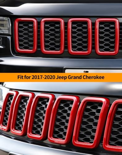 Image of Hoolcar Front Grill Rings Grille Mesh Inserts Cover Trim Kit for 2017-2020 Jeep Grand Cherokee Exterior Accessories, Red(7Pcs)