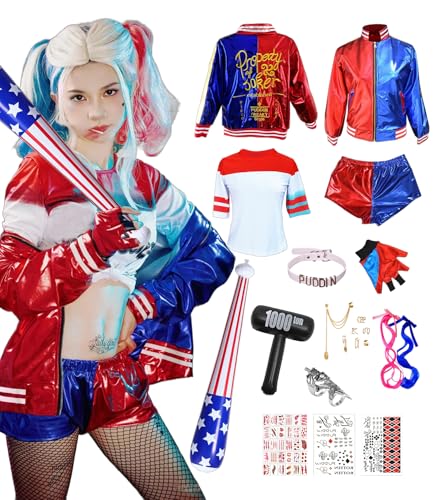 ChouGlow Déguisement Harle Squad Costume,Déguisement Quin Costume Fille Avec Gants Veste T-Shirt Short Gant Cosplay Robe Costumes pour Carnaval Halloween Noël Clown Cosplay (Femme, S)