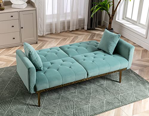 Convertible Velvet Futon Sofa Bed, Upholstered Loveseat Sleeper Couch With 3 Reclining Angles And 2 Pillows, Modern Living Room Sofa Couch With 5 Solid Metal Legs For Guest Room, Office, Mint Green #TOP2