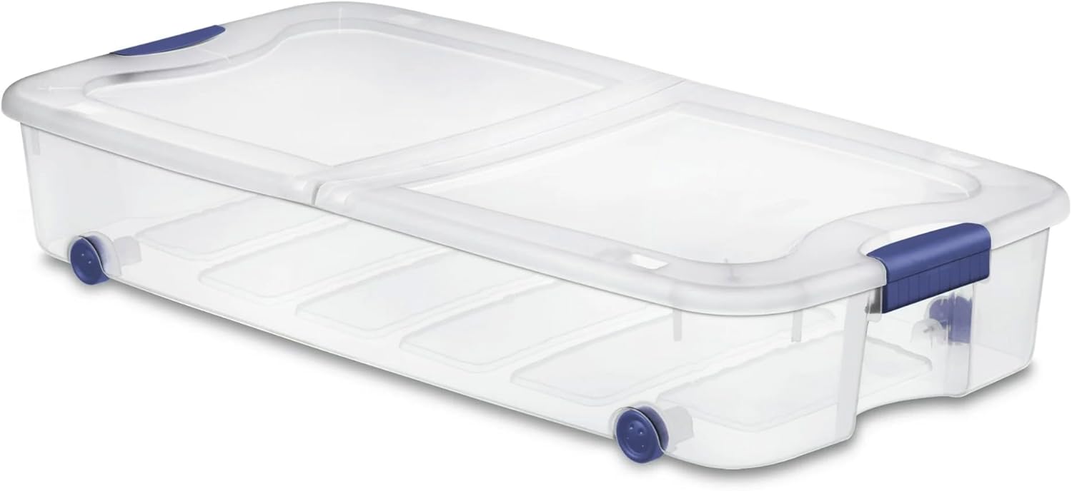 66 Quart Wheeled Latch Box, Clear Underbed Storage Bin with Lid, Blue
