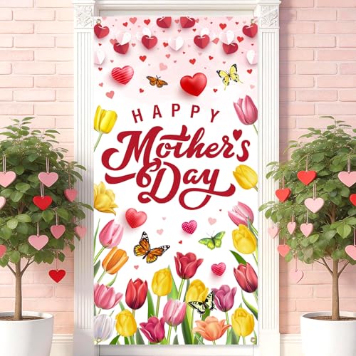 Mother's Day Door Banner, Happy Mothers Day Decorations for Party, 71x35 Inch Large Fabric Banner with Flowers and Butterflies, Reusable Wall Hanging for Indoor Outdoor