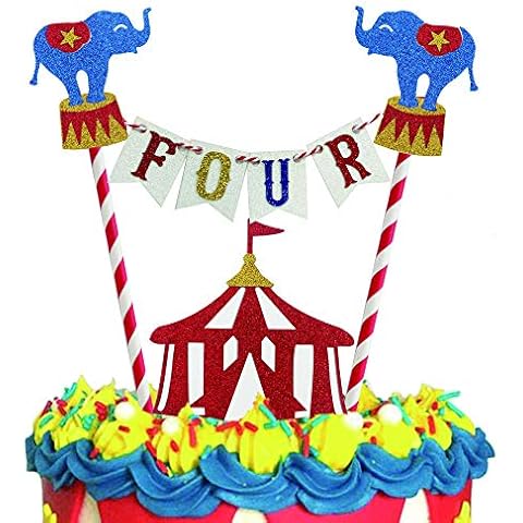 Circus 4th Birthday Cake Topper, Four Years Old Birthday Circus Theme Photo Booth Props for little Boy or Girl Cake Smash Party Cake Decorations Supplies, Glitter (Circus four Birthday) Cover