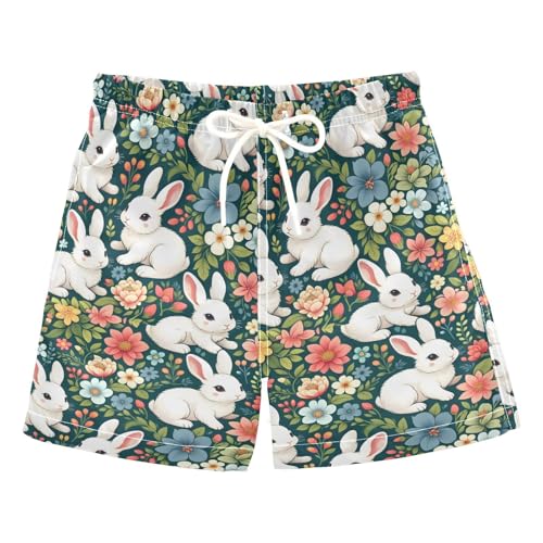 ALAZA Cute White Rabbit Floral Boys' Swim Trunks Beach Shorts Quick Dry Swimsuit 4T